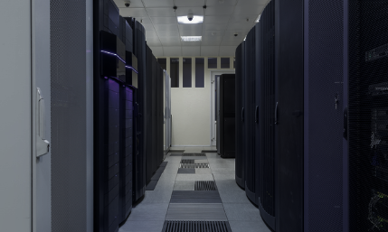 Server room corridor with equipment racks
